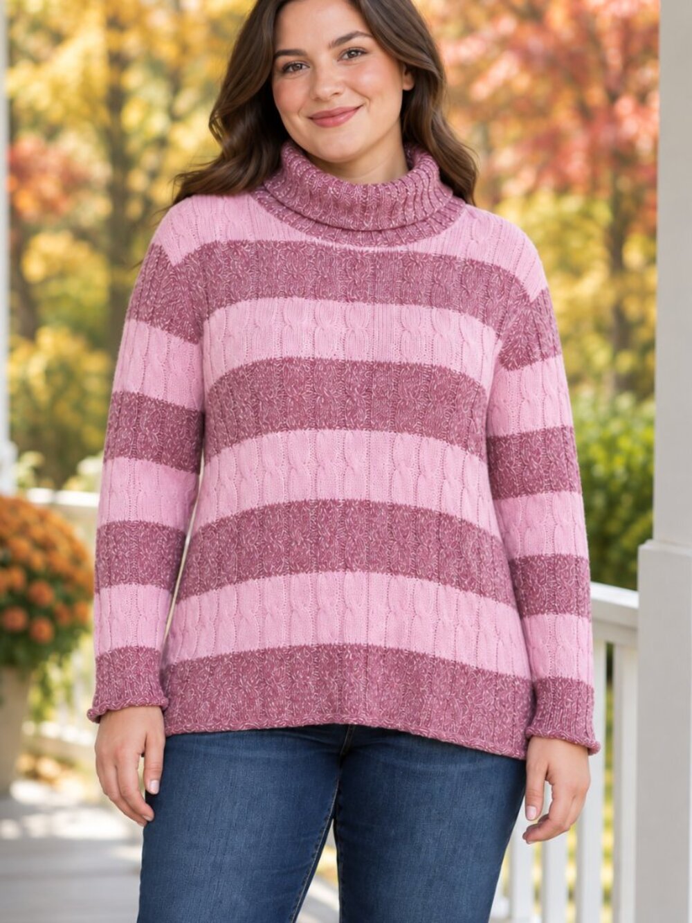 Vintage Cotton Ginny Plus Pink Rose Striped Cable Knit Turtleneck Medium